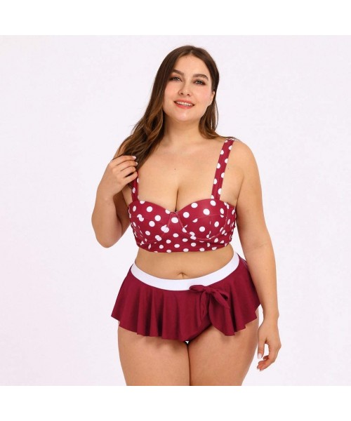 Sets Plus Size Cross Bandage Two Piece Bikini Set Solid Bathing Suits Swimwear Beachwear - Red - CL196R6C58D