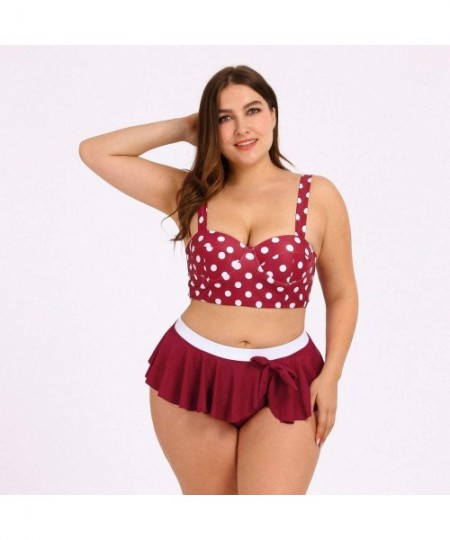 Sets Plus Size Cross Bandage Two Piece Bikini Set Solid Bathing Suits Swimwear Beachwear - Red - CL196R6C58D