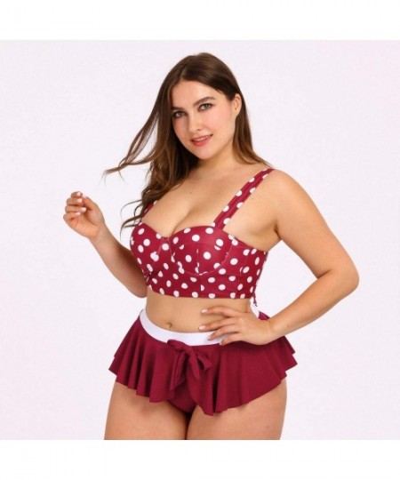 Sets Plus Size Cross Bandage Two Piece Bikini Set Solid Bathing Suits Swimwear Beachwear - Red - CL196R6C58D