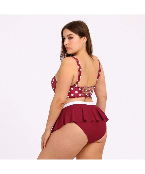 Sets Plus Size Cross Bandage Two Piece Bikini Set Solid Bathing Suits Swimwear Beachwear - Red - CL196R6C58D