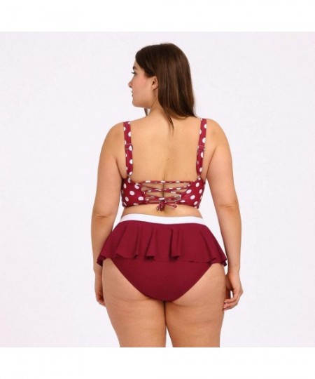 Sets Plus Size Cross Bandage Two Piece Bikini Set Solid Bathing Suits Swimwear Beachwear - Red - CL196R6C58D