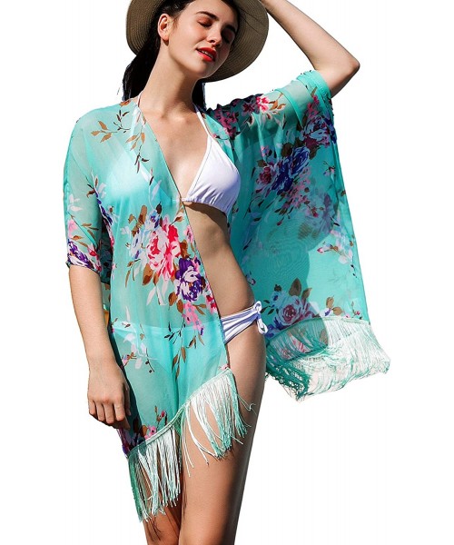 Cover-Ups Women's Floral Kimono Cover Up Lightweight Leopard Chiffon Beachwear for Bikini Cardigan and Swimwear Mint Green - ...