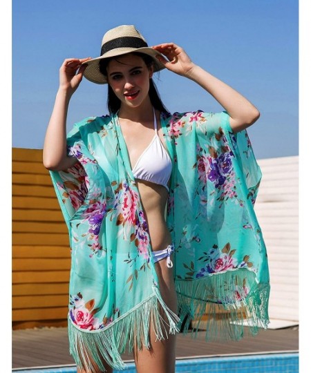 Cover-Ups Women's Floral Kimono Cover Up Lightweight Leopard Chiffon Beachwear for Bikini Cardigan and Swimwear Mint Green - ...