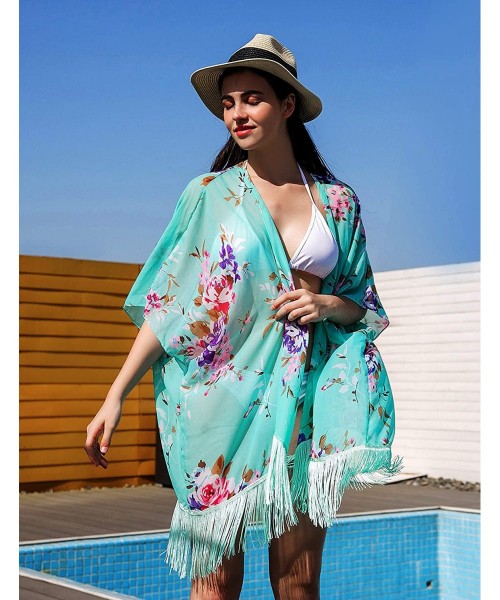 Cover-Ups Women's Floral Kimono Cover Up Lightweight Leopard Chiffon Beachwear for Bikini Cardigan and Swimwear Mint Green - ...