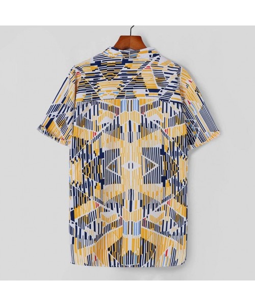 Rash Guards Loose Shirt- Ethnic Printed Stand Collar Colorful Stripe Short Sleeve Blouse - Yellow - C318W3K5776