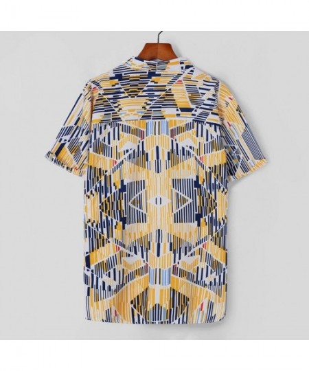 Rash Guards Loose Shirt- Ethnic Printed Stand Collar Colorful Stripe Short Sleeve Blouse - Yellow - C318W3K5776