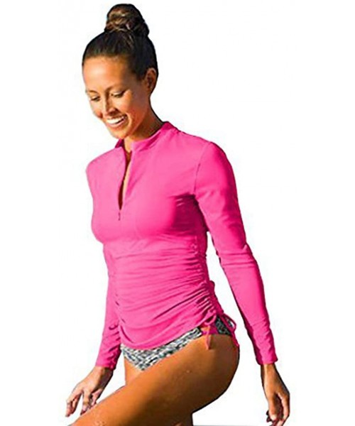 Rash Guards Women's 50+ UV Sunscreen Long Sleeve Sunscreen Swimsuit Top Zipper Jacket Wetsuit - Red - CK19CKTCWNU