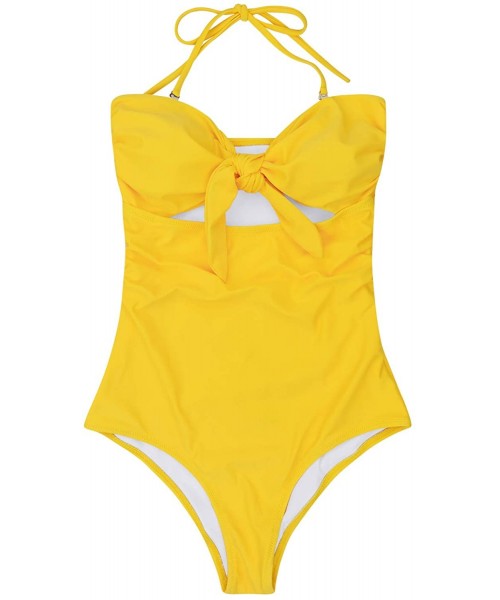 One-Pieces Womens Sexy Strapless Tie Knot Front High Waist One Piece Swimsuit - Yellow 01 - CM18RMLZ23D