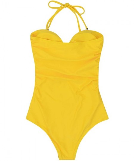 One-Pieces Womens Sexy Strapless Tie Knot Front High Waist One Piece Swimsuit - Yellow 01 - CM18RMLZ23D