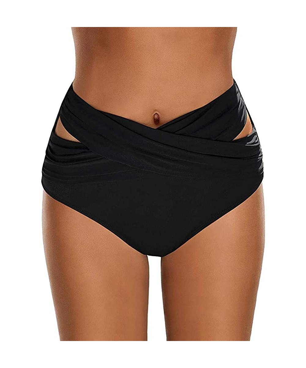 Bottoms High Waist Side Straps Bikini Bottom for Women-Scrunch Butt Ruched Brief Swimsuit Panty Bottoms - Black - CC1952O9HRN