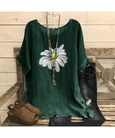 Rash Guards Women's Casual Loose Short Sleeve Floral Print Round Collar Cotton Linen Shirt Blouse Tops - Army Green - CY1992L...