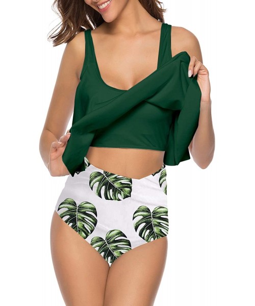 Sets Swimsuits for Women Two Piece Bathing Suits Ruffled Flounce Top with High Waisted Bottom Bikini Set 17dark Green - CT194...