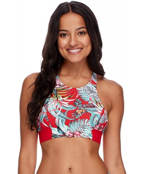 Tops Women's Anita Sporty Crop Bikini Top Swimsuit - Lipstick Azalea Floral Print - CG18I079M72