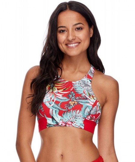 Tops Women's Anita Sporty Crop Bikini Top Swimsuit - Lipstick Azalea Floral Print - CG18I079M72