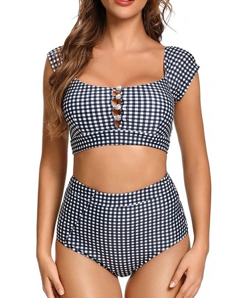 Sets Women's Retro High Waisted Bikini Two Pieces Swimsuits 50s Cap Sleeve Swimwear Bathing Suit - Gingham - CM1929QCLWU