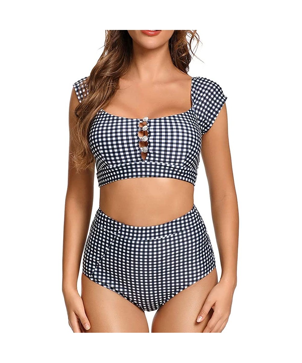 Sets Women's Retro High Waisted Bikini Two Pieces Swimsuits 50s Cap Sleeve Swimwear Bathing Suit - Gingham - CM1929QCLWU