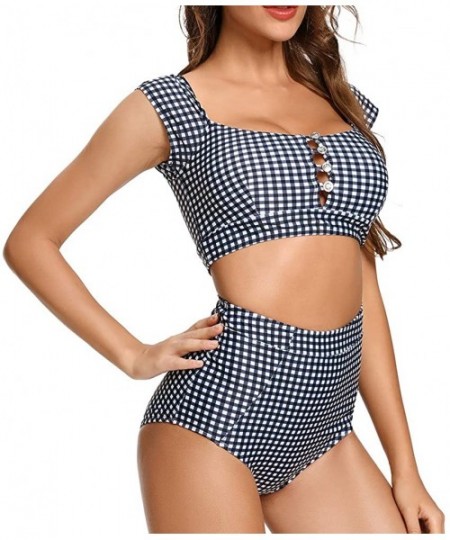 Sets Women's Retro High Waisted Bikini Two Pieces Swimsuits 50s Cap Sleeve Swimwear Bathing Suit - Gingham - CM1929QCLWU