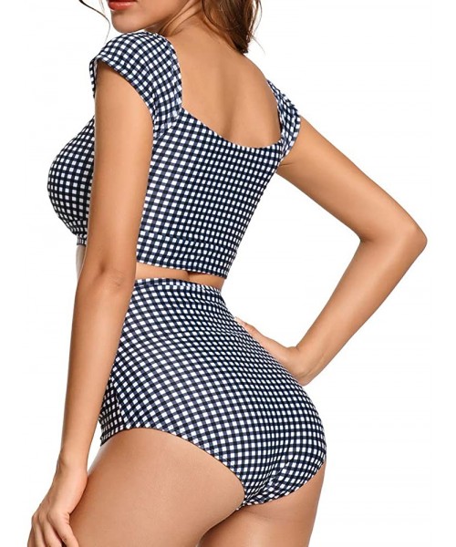 Sets Women's Retro High Waisted Bikini Two Pieces Swimsuits 50s Cap Sleeve Swimwear Bathing Suit - Gingham - CM1929QCLWU