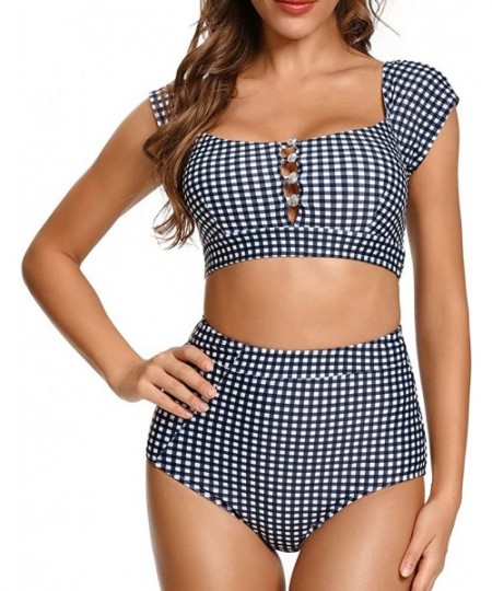 Sets Women's Retro High Waisted Bikini Two Pieces Swimsuits 50s Cap Sleeve Swimwear Bathing Suit - Gingham - CM1929QCLWU