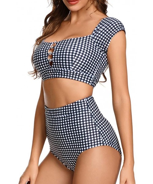 Sets Women's Retro High Waisted Bikini Two Pieces Swimsuits 50s Cap Sleeve Swimwear Bathing Suit - Gingham - CM1929QCLWU