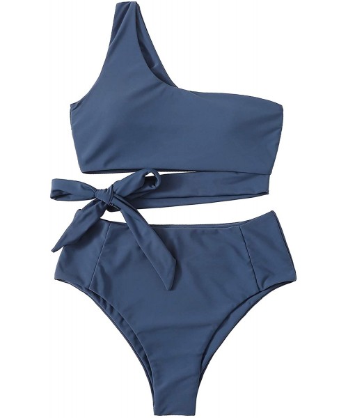 One-Pieces Women's Two Piece Swimsuit High Waisted One Shoulder Bikini Set Swimwear - Blue - CB1928SY4WO