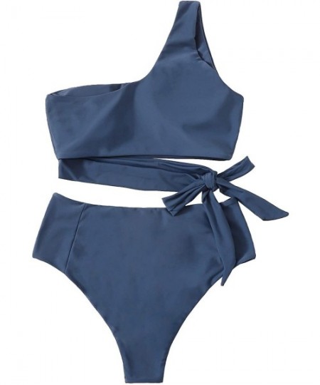 One-Pieces Women's Two Piece Swimsuit High Waisted One Shoulder Bikini Set Swimwear - Blue - CB1928SY4WO