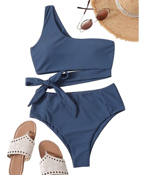 One-Pieces Women's Two Piece Swimsuit High Waisted One Shoulder Bikini Set Swimwear - Blue - CB1928SY4WO