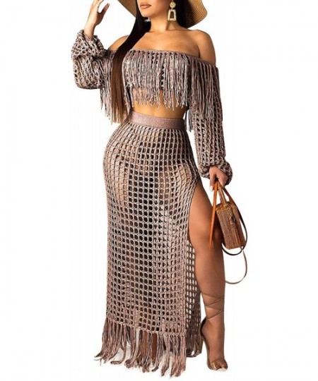 Cover-Ups 2 Pieces Outfits for Women Cover Up - Hollow Out Fringe Off Shoulder Crop Top and Skirt Set - Brown - CP18RXTZGWT