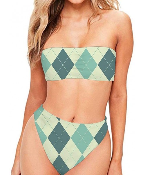 Sets Women High Cut Bandeau Strapless Swimsuits Bikini Set Printed XS-XXL - Light Green - CU18QSTX9ZG