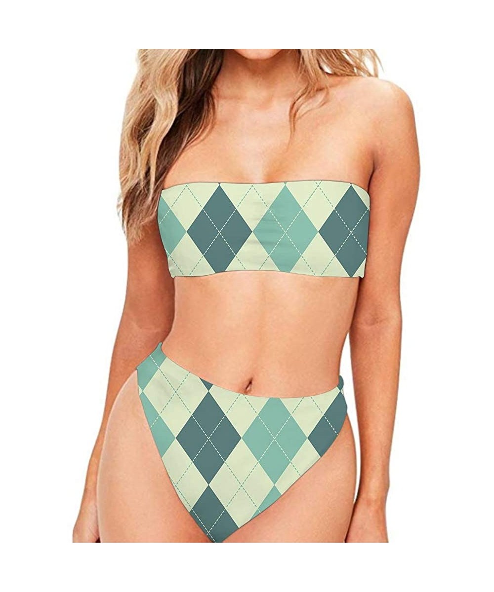 Sets Women High Cut Bandeau Strapless Swimsuits Bikini Set Printed XS-XXL - Light Green - CU18QSTX9ZG