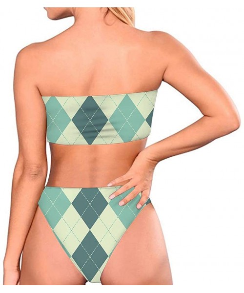 Sets Women High Cut Bandeau Strapless Swimsuits Bikini Set Printed XS-XXL - Light Green - CU18QSTX9ZG