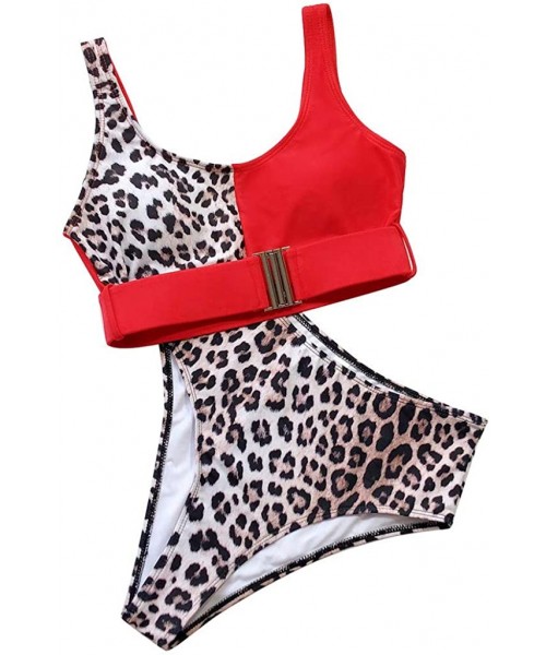 Sets Two Piece Swimsuits for Women High Waisted Bathing Suits Buckle Leopard Printed Halter Tankini Swimsuits - Red - CA194S7...