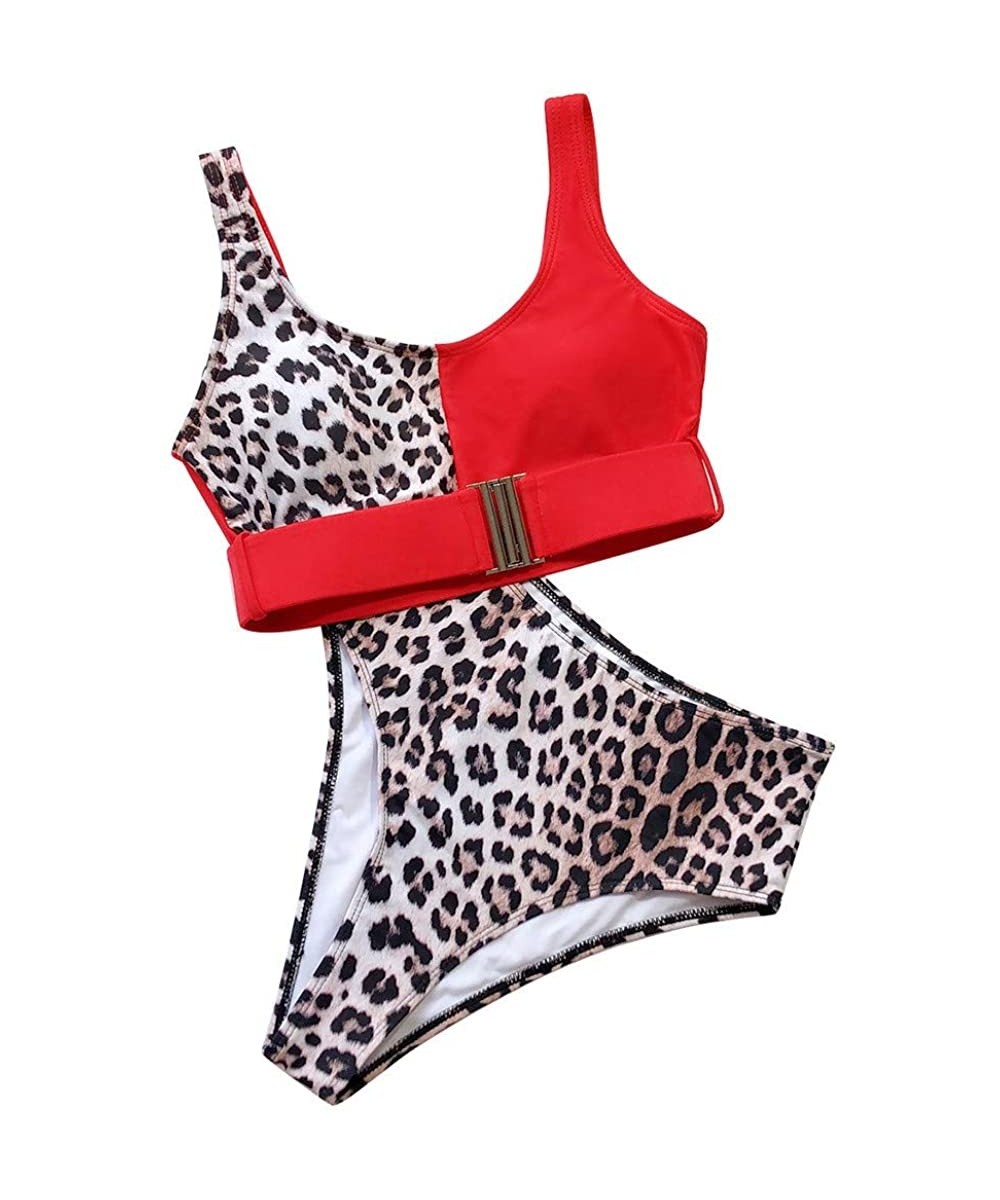 Sets Two Piece Swimsuits for Women High Waisted Bathing Suits Buckle Leopard Printed Halter Tankini Swimsuits - Red - CA194S7...