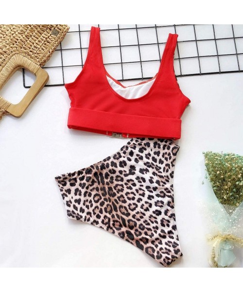 Sets Two Piece Swimsuits for Women High Waisted Bathing Suits Buckle Leopard Printed Halter Tankini Swimsuits - Red - CA194S7...