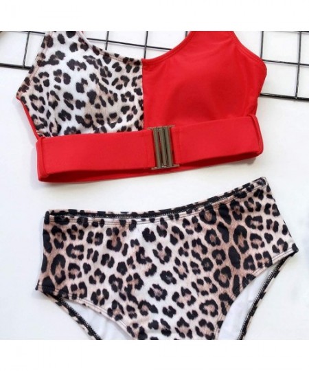 Sets Two Piece Swimsuits for Women High Waisted Bathing Suits Buckle Leopard Printed Halter Tankini Swimsuits - Red - CA194S7...