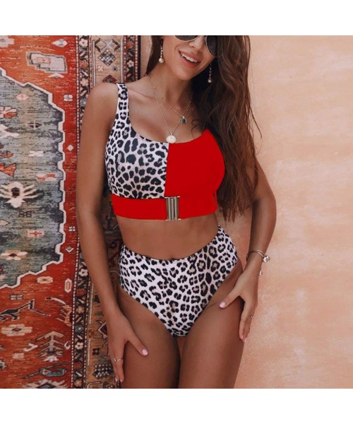 Sets Two Piece Swimsuits for Women High Waisted Bathing Suits Buckle Leopard Printed Halter Tankini Swimsuits - Red - CA194S7...