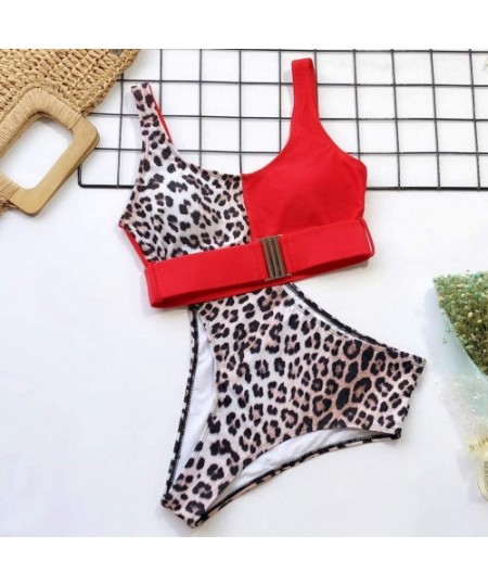 Sets Two Piece Swimsuits for Women High Waisted Bathing Suits Buckle Leopard Printed Halter Tankini Swimsuits - Red - CA194S7...