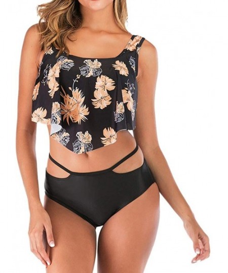 Cover-Ups Swimsuit for Women Two Pieces Top Ruffled Backless Racerback with High Waisted Bottom Tankini Set - Black - CO194WS...