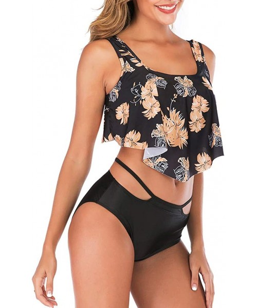 Cover-Ups Swimsuit for Women Two Pieces Top Ruffled Backless Racerback with High Waisted Bottom Tankini Set - Black - CO194WS...