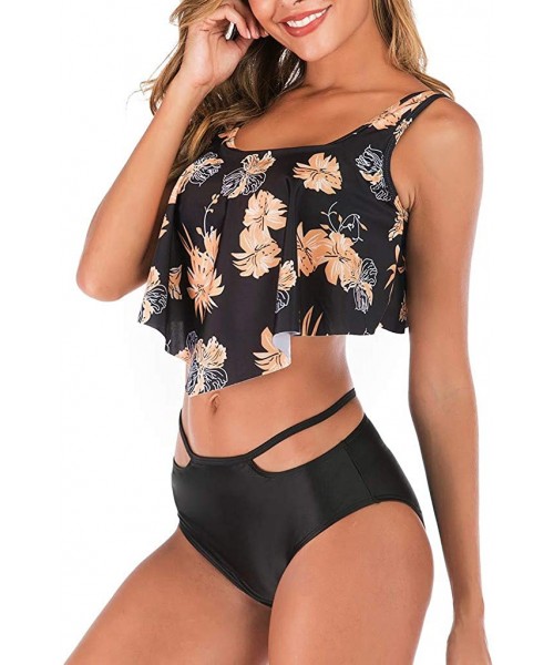 Cover-Ups Swimsuit for Women Two Pieces Top Ruffled Backless Racerback with High Waisted Bottom Tankini Set - Black - CO194WS...