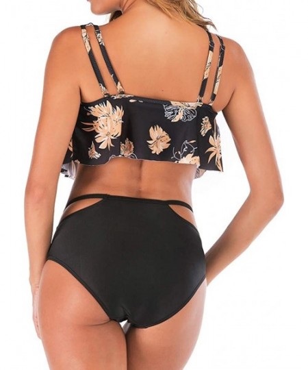 Cover-Ups Swimsuit for Women Two Pieces Top Ruffled Backless Racerback with High Waisted Bottom Tankini Set - Black - CO194WS...