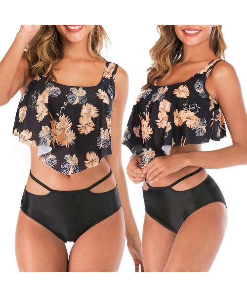 Cover-Ups Swimsuit for Women Two Pieces Top Ruffled Backless Racerback with High Waisted Bottom Tankini Set - Black - CO194WS...