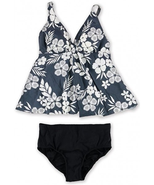 Tankinis Womens Floral Flyaway Brief 2 Piece Tankini - Grayblack - CF186489Y6H