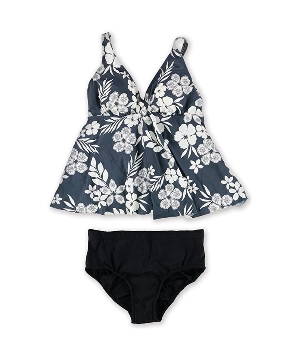 Tankinis Womens Floral Flyaway Brief 2 Piece Tankini - Grayblack - CF186489Y6H