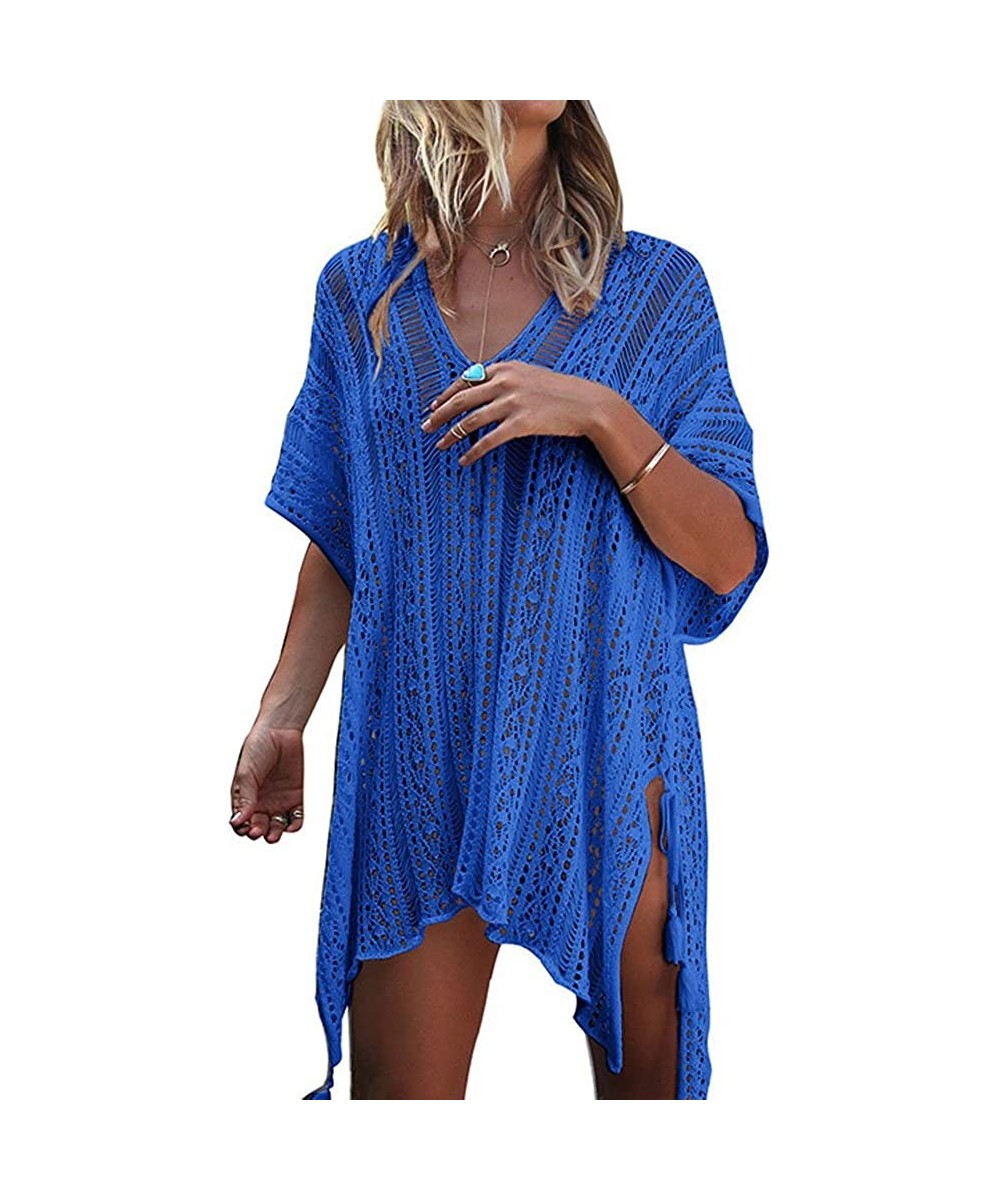 Cover-Ups Women's Summer Wear Bathing Suit Cover Up Bikini Crochet Tunic Beach Dress - Blue - C4180CTKSGY