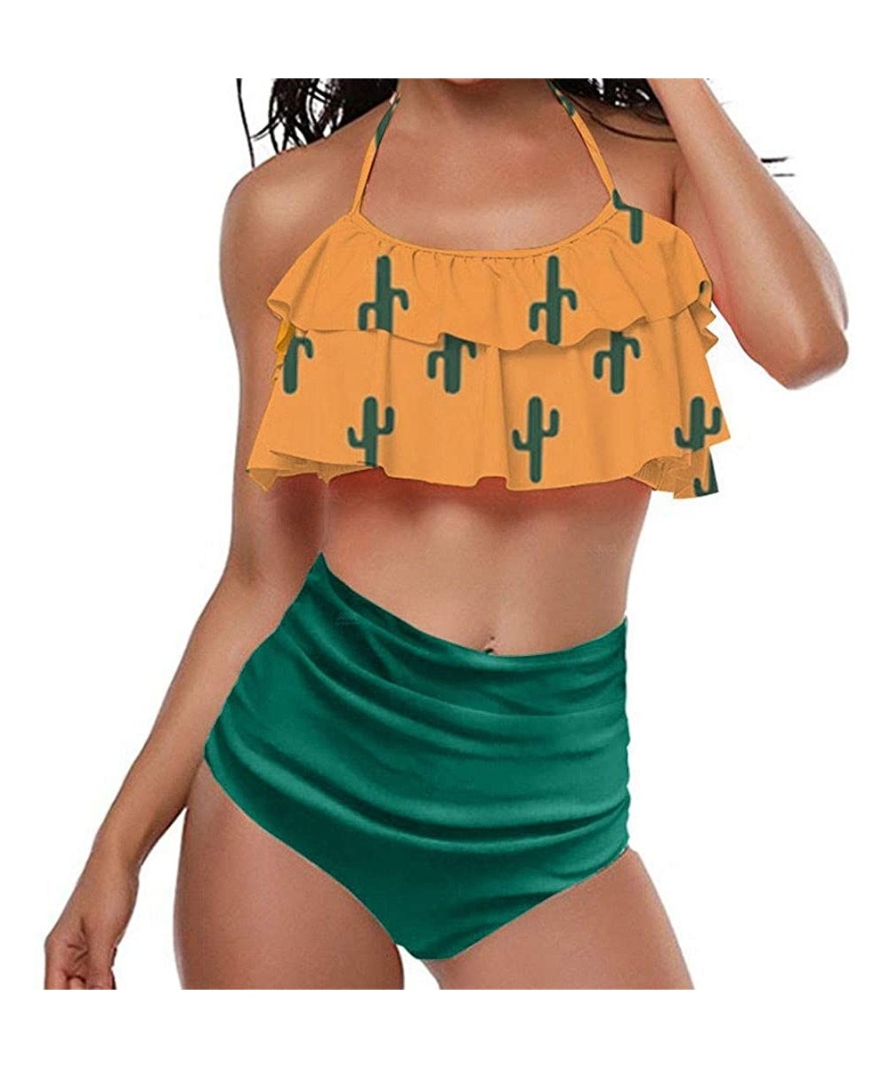 Racing Swimsuit for Women Two Pieces Top Ruffled Backless Racerback with High Waisted Bottom Tankini Set - N2-green - C1193W4...