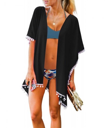 Cover-Ups Womens Chiffon Tassel Bikini Swimsuit Cover Ups for Swimwear - Black - CO194MYKEKT