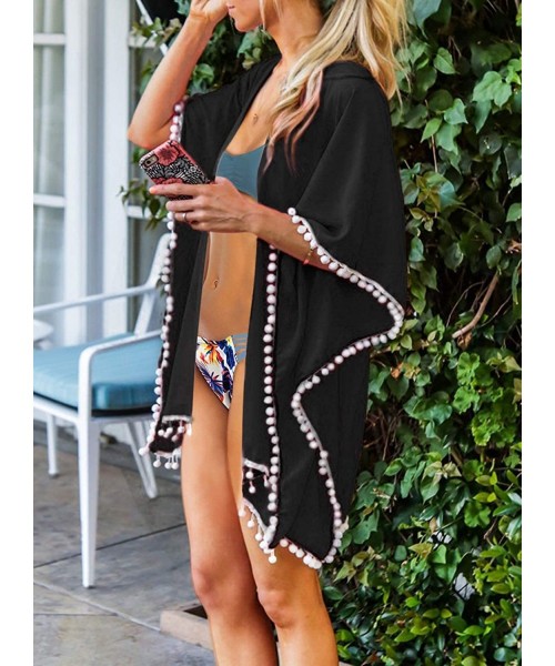 Cover-Ups Womens Chiffon Tassel Bikini Swimsuit Cover Ups for Swimwear - Black - CO194MYKEKT