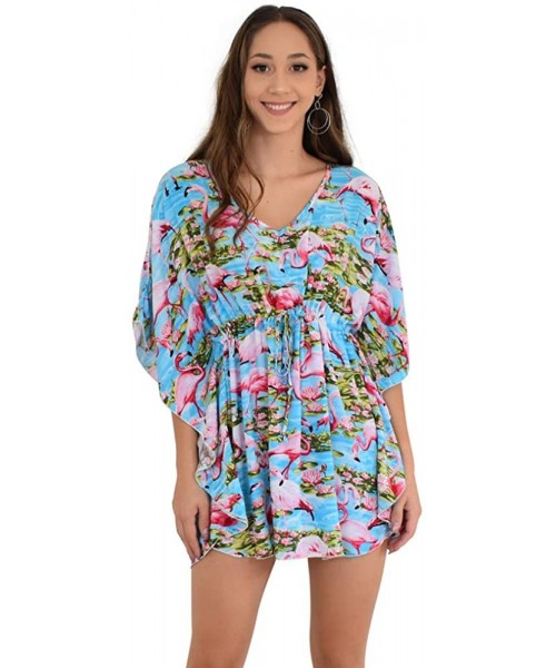 Cover-Ups Ladies Short Kaftan Flamingo Beach Cover-Up- OS - Blue - CZ188ZLUQ0O