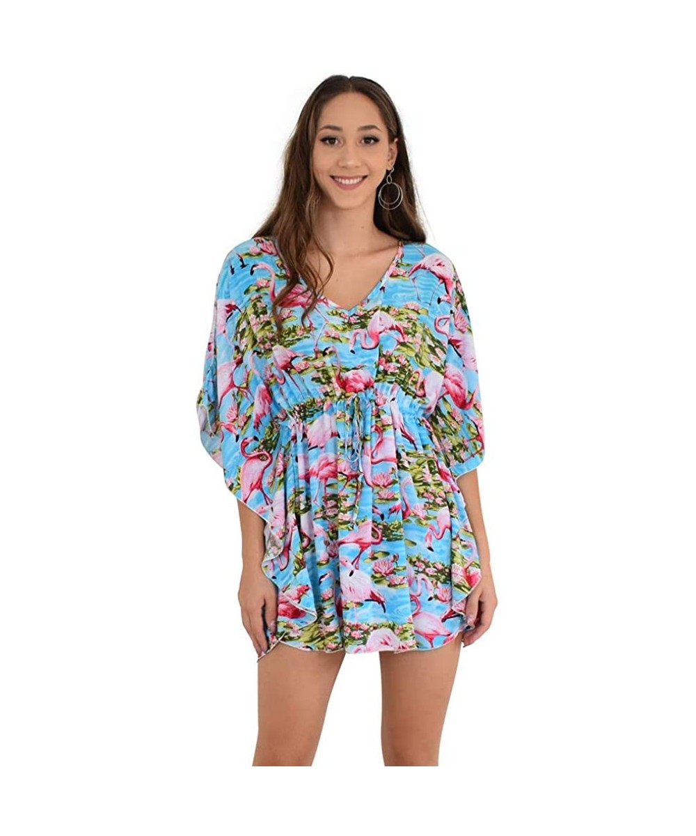 Cover-Ups Ladies Short Kaftan Flamingo Beach Cover-Up- OS - Blue - CZ188ZLUQ0O